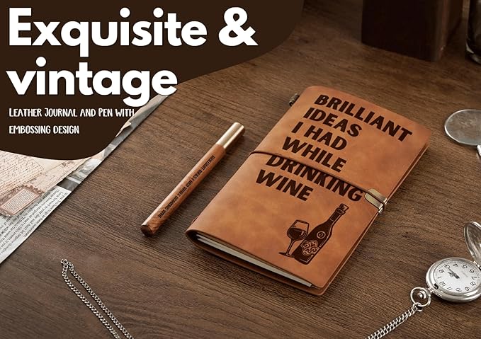 InnoBeta Wine gifts Leather Journal Notebook with Pen, for Wine Lovers, Men, Women on Birthday, Refillable Sketchbook, Travel Diary, Lined Planner, 7x5 Inches, Brown