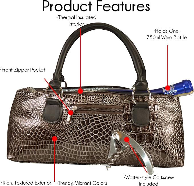 Primeware Wine Clutch Bag (Thermal Insulated) Trendy Women’s Carry Tote | Holds Red & White 750mL Bottles | Trendy Fashion | Incl. Portable Waiter-Style Corkscrew