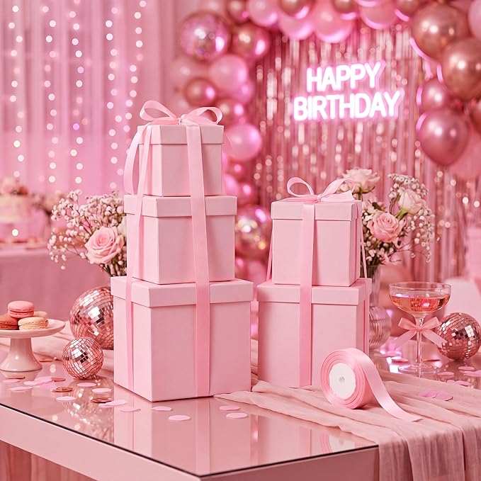 Cholemy 5 Pcs Square Nesting Boxes Decorative Gift Boxes with Lid and Ribbon Assorted Sizes Wrap for Wedding, Carnival, Anniversary, Birthday, Bridal Shower Party Gifts(Pink)