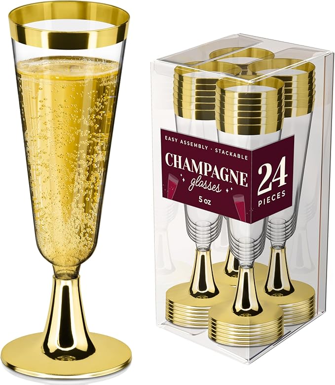 DecorRack 24 Plastic Champagne Flute, 5 Oz -BPA Free- Disposable Wine Glass, Perfect for Outdoor Parties, Weddings, Hosting, Stackable, Reusable, Gold (24 Pack)