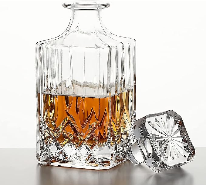 Whiskey Decanter Set,800ML Elegant Liquor Carafe with Ornate Glass Stopper and 2 Matching Whisky Tumblers–Whisky,Scotch, Liquor, Wine, Bourbon, Gin, Rum, Tequila, Vodka and Brandy (Iceberg Style)