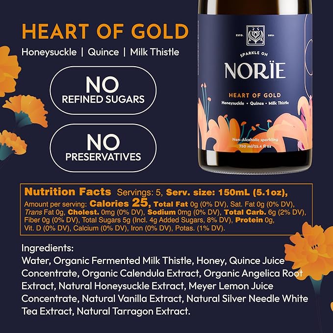Norïe Heart of Gold – Award-Winning Non-Alcoholic Sparkling Blend | Honeysuckle, Quince & Milk Thistle Blend | Botanical Sparkling Wine Alternative – 750ml | Gluten-Free, Low Calorie