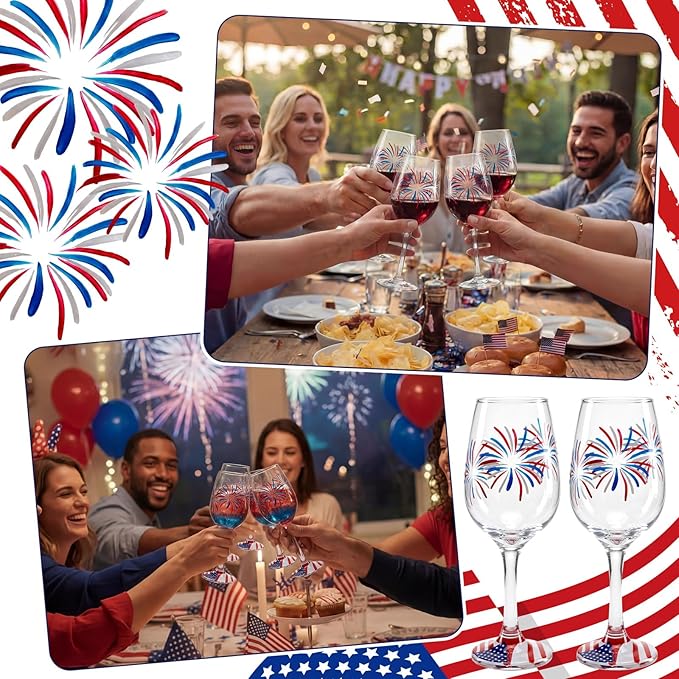 SiliFine 4 Pcs Independence Day 4th of July Party Stemmed Wine Glasses Hand Painted Fireworks USA American Flag Star Drinking Cup Wine Glasses Gifts for Birthday Theme Holiday Party Supplies