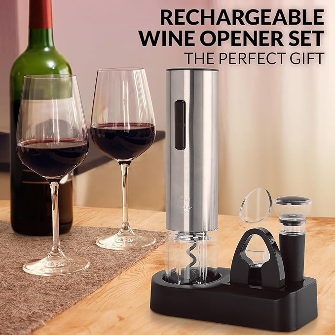 Zulay Kitchen Rechargeable Electric Wine Opener Set with Storage Base - Automatic Corkscrew Wine Bottle Opener, Pourer, Foil Cutter & Vacuum Stopper - Stainless Steel Wine Gift Set, Silver