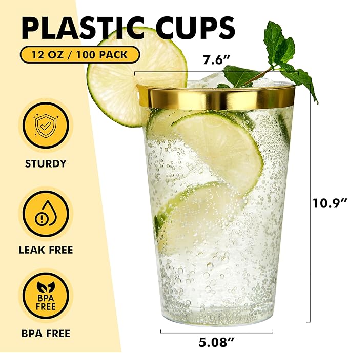 RACETOP 12 oz Gold Rimmed Plastic Cups, 100 Pack Clear Plastic Glasses, Heavy Duty Disposable Glasses, Elegant Gold Rimmed Disposable Hard Cups for Party, Thanksgiving, Birthday and Christmas