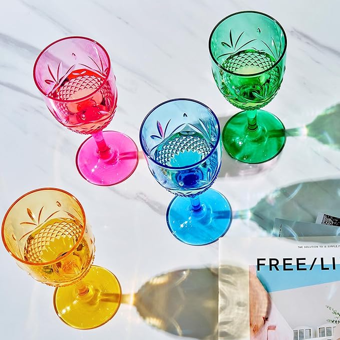 Shatterproof Tritan Stemmed Fancy Wine Glasses Goblets, Resalable | 4 Set | Bright Colors Glass Lookalike, Crystal Color Acrylic Drinkware, Reusable Unbreakable BPA-free plastic, Outdoor & Indoor 11OZ