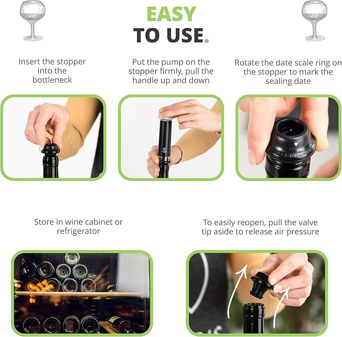Oliver's Kitchen ® Premium Wine Saver - Vacuum Pump with 4X Wine Stoppers - Wine Stopper Keeps Wine Fresher for Longer - Wine Preserver Perfect for Cork Bottles - Perfect Wine Accessories Gift