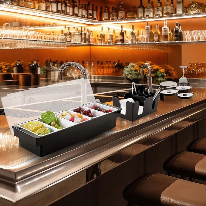 Mifoci Bartending Supplies 5 Compartments Garnish Tray with Lid Bar Caddy 3 Tier Glass Rimmer Stainless Steel Bottle Pourers Juice Pouring Cocktail Tools Plastic Serving Accessories