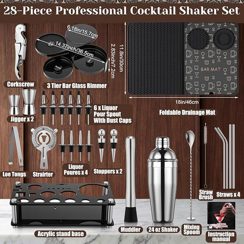 28 Pcs Cocktail Shaker Set and Bartender Kit with Stand, 18 x 12 Inch Folding Bar Mat with Cutting Board, 3 Tier Bar Glass Rimmer, Liquor Pour Spout Bartender Tool Gift for Home and Mixology