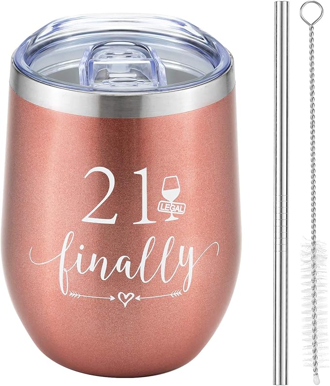 Crisky Rose Gold 21 & Finally Wine Tumbler for Girl 21st Birthday Gifts Funny Ideas for Girlfriend, Sister, Friends, Daughter, Her Wine Glass, Vacuum Insulated Coffee Cup 12oz, with Box, Lid and Straw