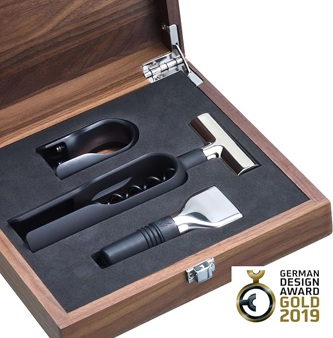 WMF Baric Wine Sommelier Set 3-Piece Corkscrew Set, Wine Accessories, Foil Cutter, Bottle Stopper, in Walnut Wood Box, Black