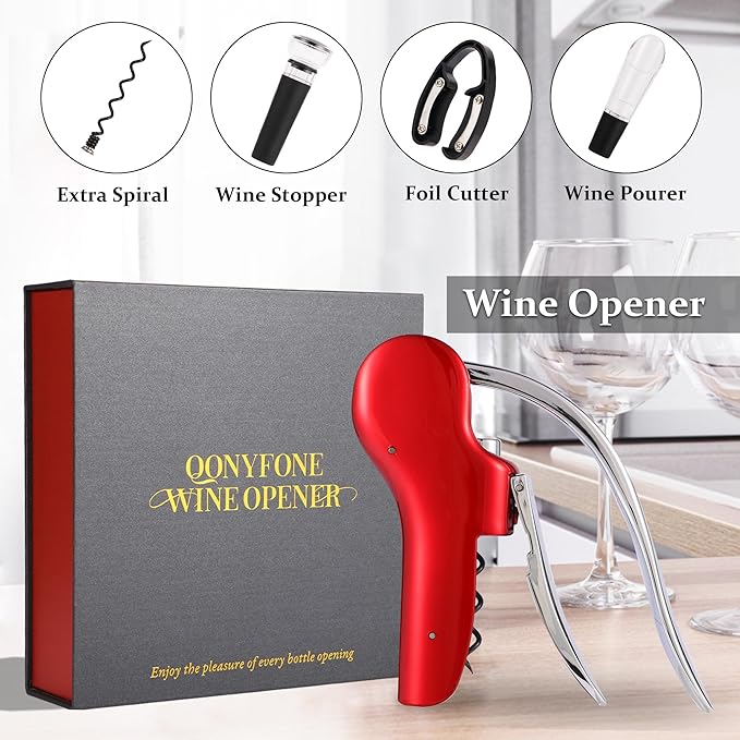 Wine Bottle Corkscrew Opener, Vertical Lever Corkscrew 5-Piece Set, Manual Vertical Design, Includes Wine Foil Cutter, Extra Spiral, Wine Pourer and Wine Stopper, Elegant Gift Box, Red