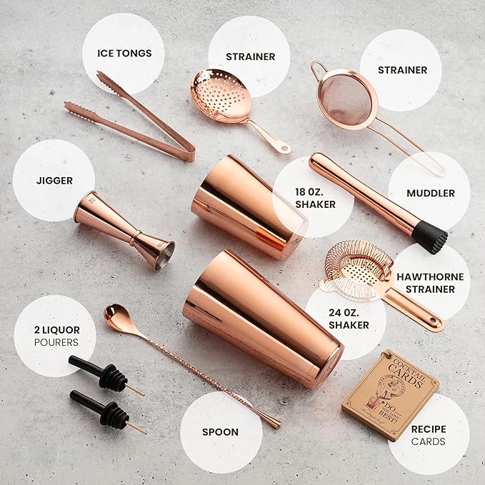 Mixology & Craft Deluxe Copper Cocktail Shaker Set – Weighted Boston Shaker Kit for Bartenders – Includes Japanese Jigger, Muddler, Pourers, Strainers – Perfect for Home Bars and Gifts