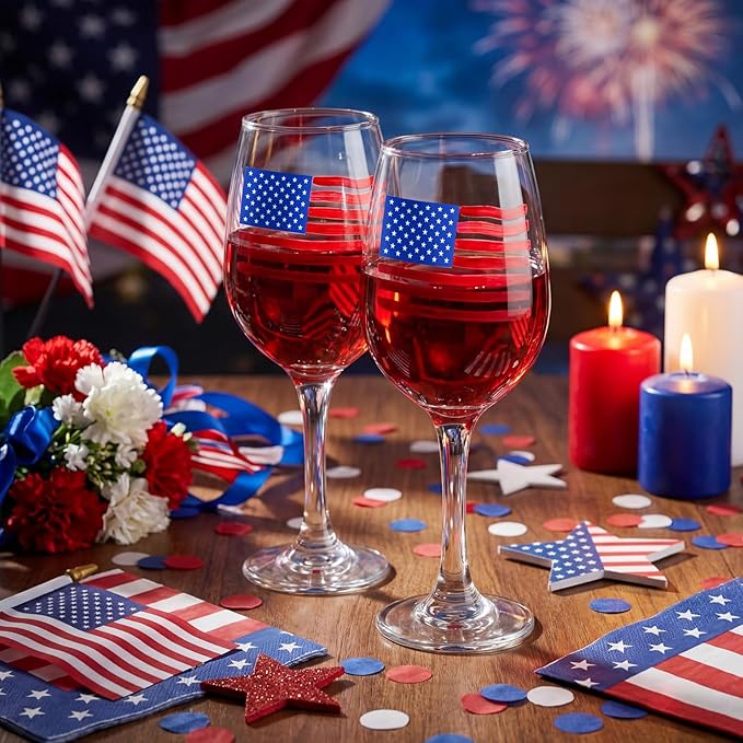 SiliFine 4 Pcs 4th of July Patriotic Party Stemmed Wine Glasses Hand Painted American Flag Drinking Cup Wine Glasses Gifts for Independence Day Theme Holiday Party Supplies