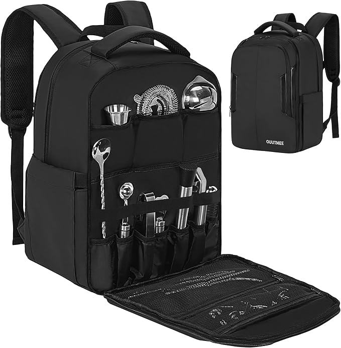 Bartender Bag, Bartender Kit Travel Backpack for Cocktail Shaker Set, Portable Carrying Bag with Compartments for Wine Bottles, for Travel Home Indoor Outdoor Party(Backpack Only)