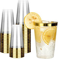 RACETOP 100 Pack 14oz Gold Rimmed Plastic Cups, Heavy Duty Disposable Glasses, Elegant Gold Rimmed Disposable Hard Cups for Party, Thanksgiving, Wine Taesting, Birthday and Christmas.