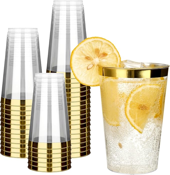 RACETOP 100 Pack 14oz Gold Rimmed Plastic Cups, Heavy Duty Disposable Glasses, Elegant Gold Rimmed Disposable Hard Cups for Party, Thanksgiving, Wine Taesting, Birthday and Christmas.