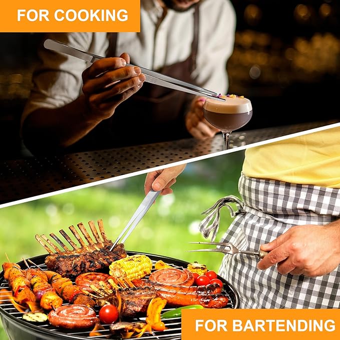 Yaomiao 8 Packs 8 Inch Bar Tweezers Silver Cocktail Tongs Long Garnish Tweezers Stainless Steel Bartender Kitchen Cooking Tongs for Cocktail Food Fruit Korean BBQ Bartender Chef, Multi-use