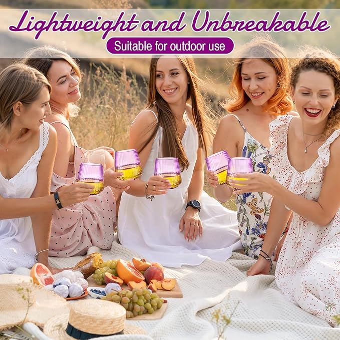 Suclain 50 Pcs Plastic Wine Glasses Ribbed Stemless Wine Glasses 14oz Vertical Design Unbreakable Cups for Outdoor Indoor Vintage Elegant Champagne Whiskey Cups for Party Wedding (Purple)