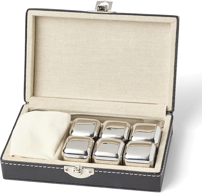 Cambridge Home Bar Accessories, Whiskey Stones Set, 6 Stainless Steel Ice Cube Whiskey Rocks, Tongs, Storage Box & Dust Bag, Barware Tool Sets, Bar Decor, 6 Reusable Ice Cubes in Black Leather Box