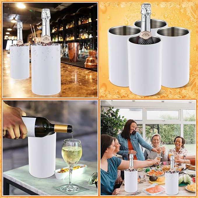 Potchen 6 Pack Wine Chiller Bucket Wine Bottles Cooler Bulk, Stainless Steel Double Wall Insulated Champagne Ice Bucket for Parties,Fits for 750 ml Bottles (White)