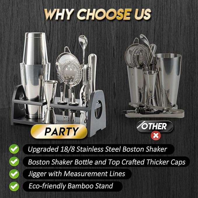 Semderm Boston Shaker Set, Weighted Cocktail Shaker & Mixology Bartender Kit - Heavy Duty 18/8 Stainless Steel Tins with Black Bamboo Stand - Includes Fine Mesh Strainer & Jigger