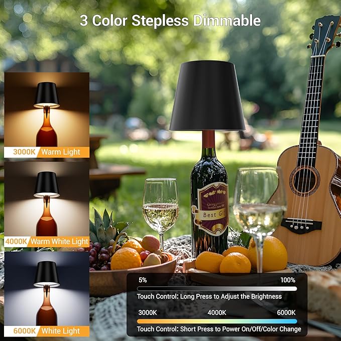 2 Pack Wireless Bottle Lamp, Wireless Bottle Lamp Shade with 3 Color Temperature, Rechargeable Stepless Dimming LED Wine Bottle Lights for Any Bottle, Desk Lamp for Bedroom Restaurant Bar - Black