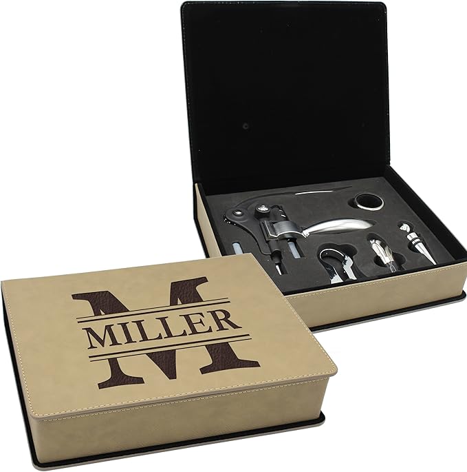 My Personal Memories Custom Engraved 5 Piece Wine Tool Opener Accessories Box Set - Personalized Wine Lovers for Anniversary, Weddings, and More (Tan)