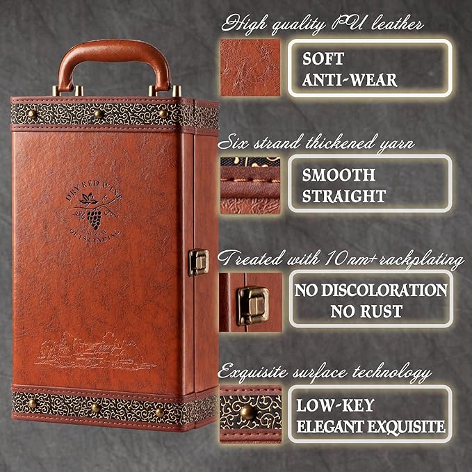 Wine Box, 2 Bottle Leatherette Top Handle with 4 Wine Accessory Travel Wine Gift Box, Handmade Premium Wine Carrier Case