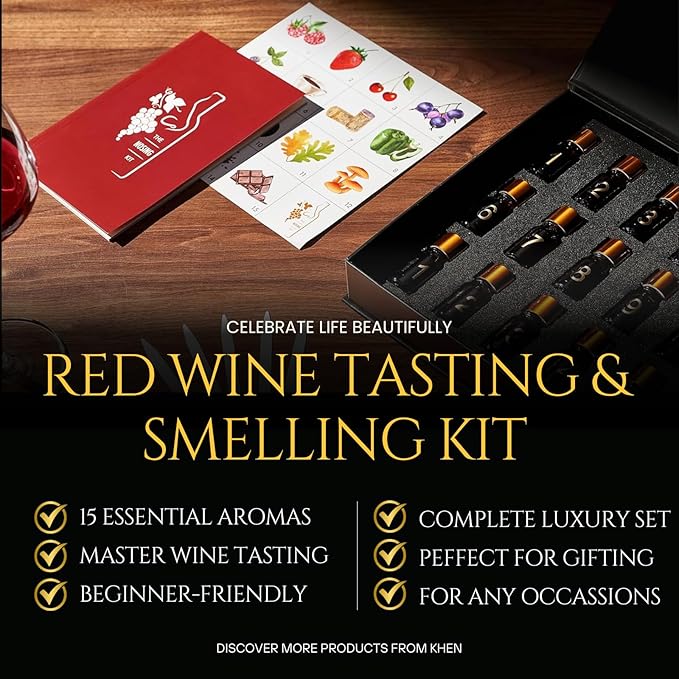 Red Wine Aroma Kit, Tasting & Smelling Aroma Set for Red Wines, 15 Aromas, Training Educational Gift - Beginners & Sommelier Master, Book & Accessories Guide Included