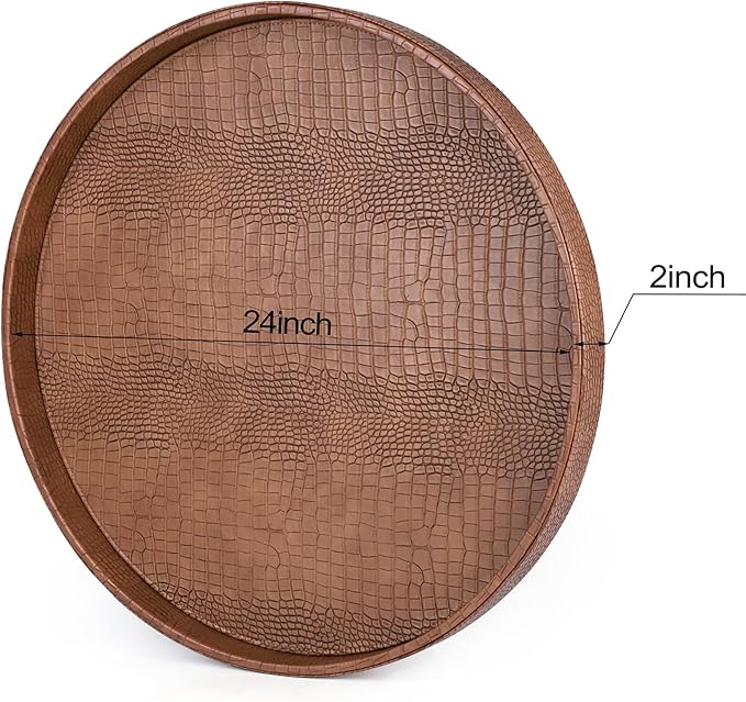 HofferRuffer Large Round Serving Tray 24'', Elegant Faux Leather Circle Ottoman Table Tray, Serve Tea Coffee Breakfast in Bedroom Living Room Kitchen (Antique Brown, 24'')
