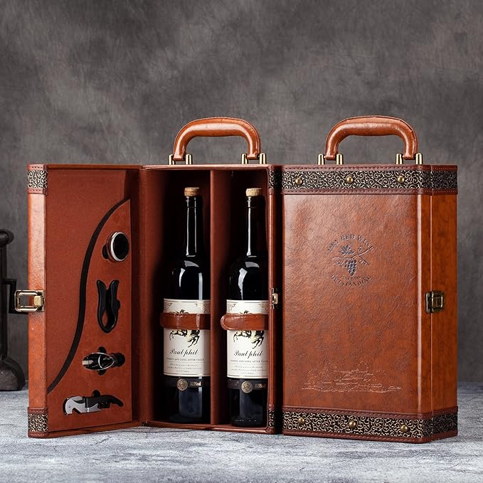 Wine Box, 2 Bottle Leatherette Top Handle with 4 Wine Accessory Travel Wine Gift Box, Handmade Premium Wine Carrier Case
