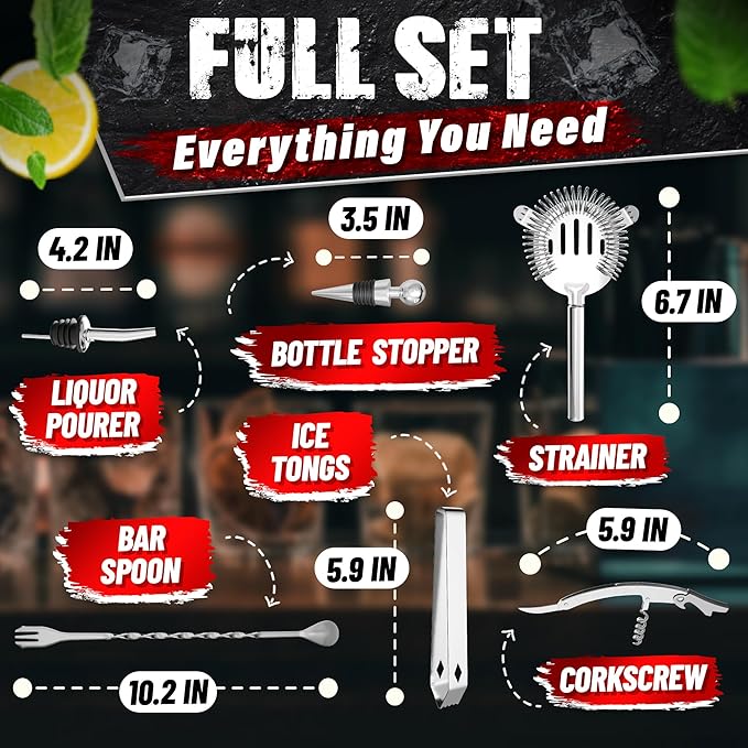 Bar Set & Cocktail Shaker Kit (10-Piece) — Stainless Steel Mixology Bartender Kit with Shaker, Jigger, Strainer, Muddler, Spoon, Tongs, Corkscrew & Wooden Stand — Bar Tools Gift for Cocktail Lover