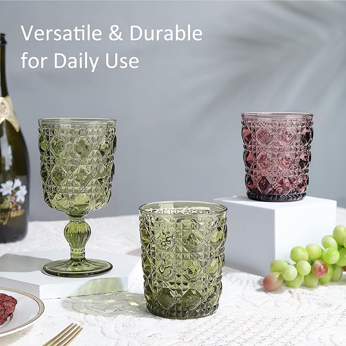 Joeyan Vintage Small Drinking Glasses,Green Embossed Colored Gemstone Water Glass Tumbler,Cocktail Juice Whiskey Milk Wine Glassware Cups,11 oz,Set of 6,Dishwasher Safe