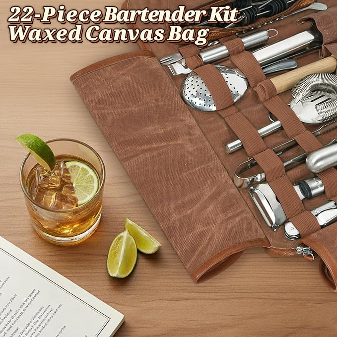 Travel Bartender Kit Bag with 22-Pc Cocktail Shaker Set, Waxed Canvas Protable Carrying Bartender Bag with Stainless Steel Bar Tool Set, Roll-Up Bartenders Kits for Professional Bartenders