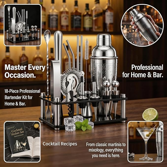 Cocktail Shaker Set, 18-Piece Bartender Kit with Acrylic Stand, 18/8 Stainless Steel Bar Set with Martini Shaker, Jigger, Muddler & Recipe Book for Home Bar