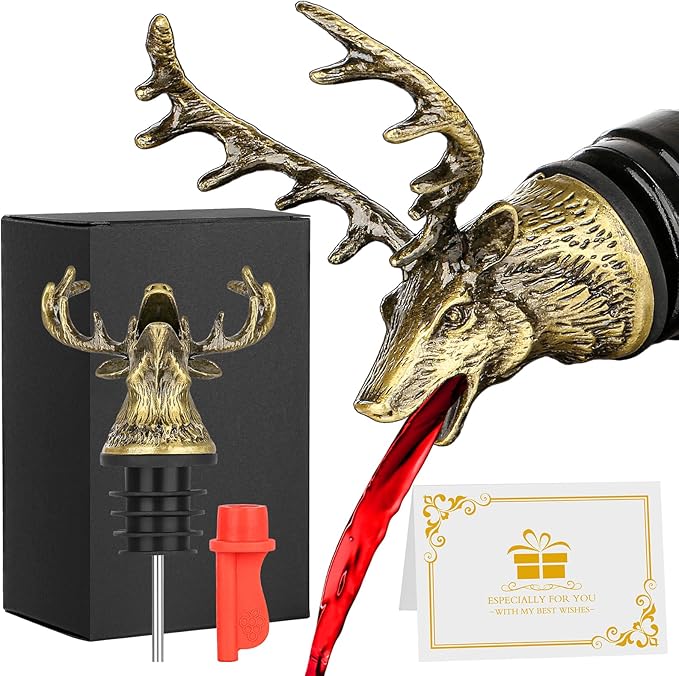 Deer Head Liquor Pourers Spout, Deer Wine Bottle Pourer and Stopper for Wine Spirits, Stag Gifts Birthday Gifts Hunting Gifts for Hunters Men Women, Bronze