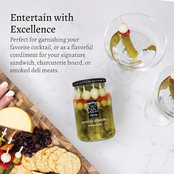 Sable & Rosenfeld Tipsy Garlic & Dill Cocktail Stirrers 16 oz Jar (Pack of 1), Hand-Packed Martini Pickles and Olive Skewers, Kosher, Gluten-Free Cocktail Garnish