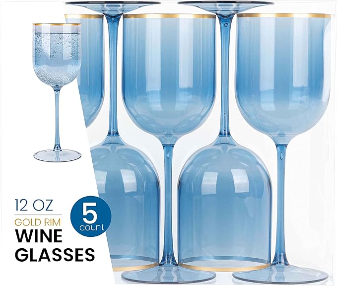 PLASTICPRO Blue Wine Cup with Gold rim Plastic Wine Glasses Set of 5 Elegant Wine Goblets Hard Plastic Wine Cups on Stem 12 Ounce