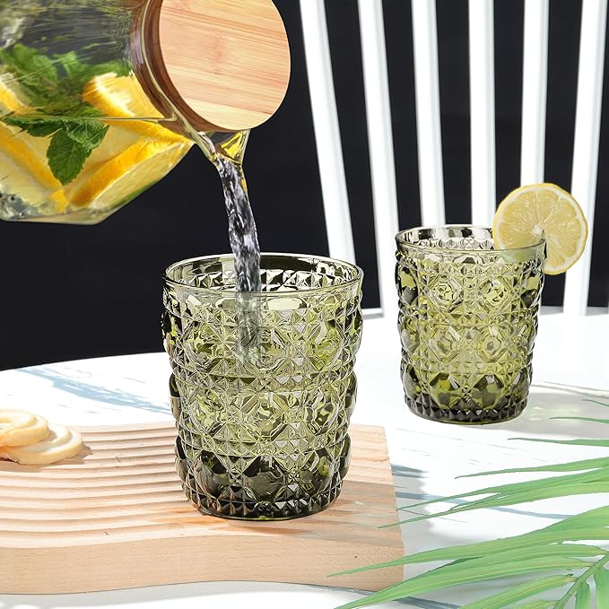 Joeyan Vintage Small Drinking Glasses,Green Embossed Colored Gemstone Water Glass Tumbler,Cocktail Juice Whiskey Milk Wine Glassware Cups,11 oz,Set of 6,Dishwasher Safe