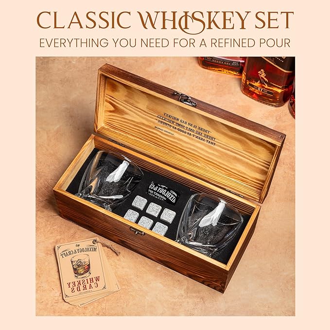 Mixology & Craft Whiskey Stones Gift Set - 12 Pieces (6 Granite Chilling Rocks, 2 10oz Old Fashioned Glasses, Coasters & Velvet Bag) In Wooden Box - Whiskey Gifts For Men, Whiskey Lover, Whiskey Set