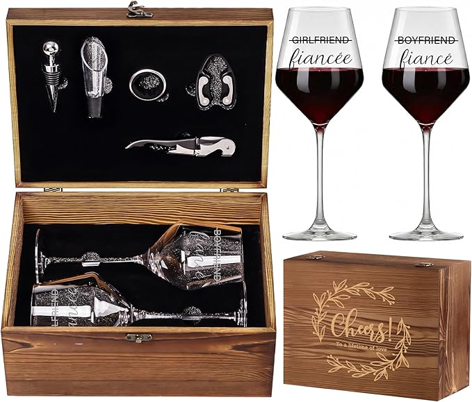 Engagement & Bridal Shower Gifts for Fiancé and Fiancée, Engraved Fiancé Fiancée Wine Glasses with 5-Piece Wine Accessory Kit (Fiance/Fiancee)
