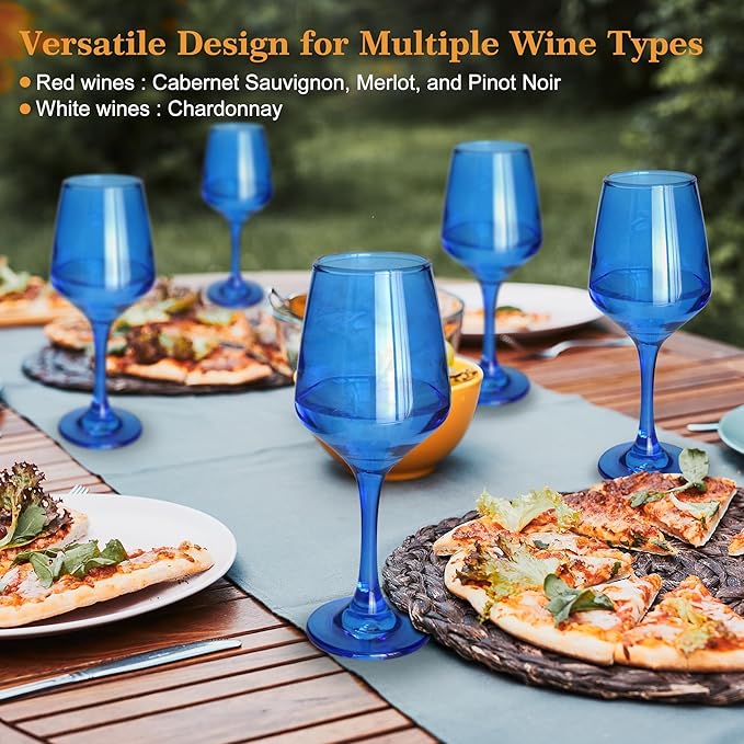 Blue Wine Glasses Set of 6, 12oz Stemmed Glasses, Thick & Colored, Dishwasher Safe Stemware for Red or White, Gift for Party, Holiday, Anniversary, Restaurant, Home Bar, Daily Use