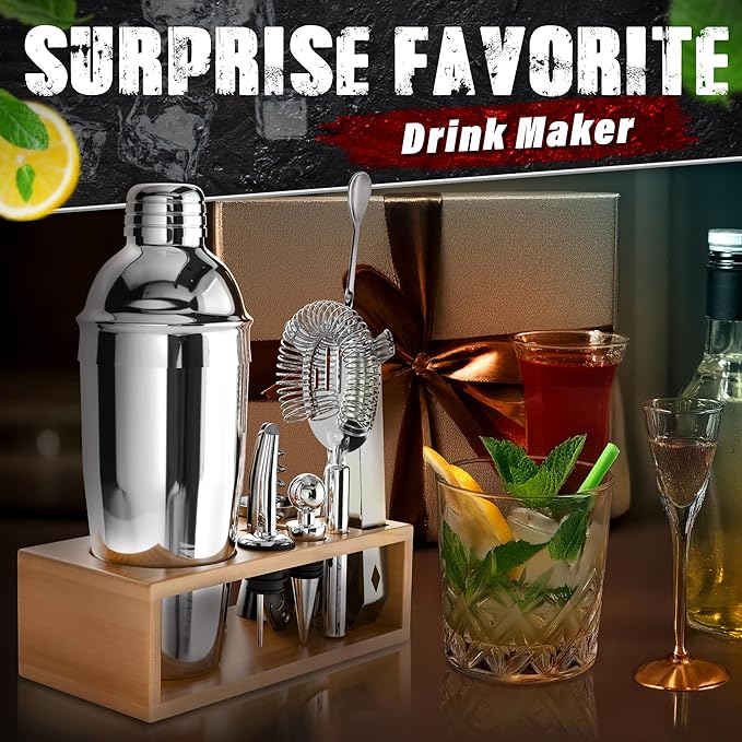 Bar Set & Cocktail Shaker Kit (10-Piece) — Stainless Steel Mixology Bartender Kit with Shaker, Jigger, Strainer, Muddler, Spoon, Tongs, Corkscrew & Wooden Stand — Bar Tools Gift for Cocktail Lover