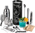 Mixology & Craft All-in-One Stainless Steel Cocktail Shaker Kit with 24 oz Cobbler Shaker, Includes Strainer, Muddler, Spoon, Jiggers, Pourers, Picks, Tongs, Bottle Opener - Gift-Ready Package Tube