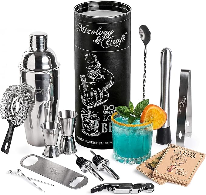 Mixology & Craft All-in-One Stainless Steel Cocktail Shaker Kit with 24 oz Cobbler Shaker, Includes Strainer, Muddler, Spoon, Jiggers, Pourers, Picks, Tongs, Bottle Opener - Gift-Ready Package Tube