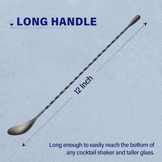 Briout Bar Spoon Cocktail Mixing Stirrers for Drink, Stainless Steel 12 Inches Long Handle, Black 2 Pieces