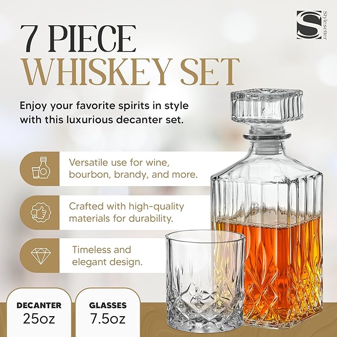 Style Setter Whiskey Decanter Set with Glasses - Prestigious Whiskey Set with 25oz Liquor Decanter and 6 Glasses - Upscale Whisky Decanter & Glass Set - Birthday Gifts Fathers Day