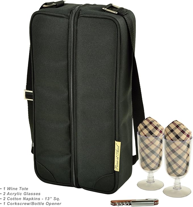 Picnic at Ascot Insulated Wine Tote with 2 Wine Glasses, Napkins and Corkscrew -Designed & Assembled in the USA