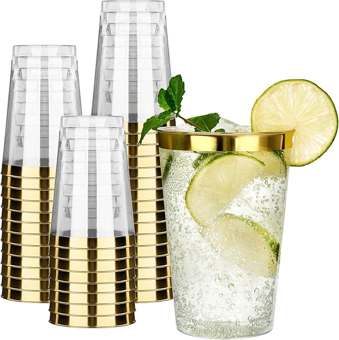 RACETOP 12 oz Gold Rimmed Plastic Cups, 100 Pack Clear Plastic Glasses, Heavy Duty Disposable Glasses, Elegant Gold Rimmed Disposable Hard Cups for Party, Thanksgiving, Birthday and Christmas
